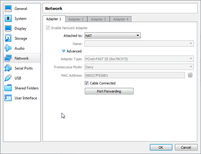 VirtualBox network settings screenshot